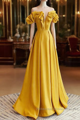 Yellow Satin A-Line Sweetheart Off Shoulder Party Dress, Yellow Long Semi Formal Prom Dress